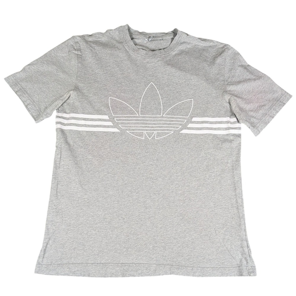 Adidas T-Shirt Mens L Gray Trefoil Graphic Stripe Short Sleeve Good